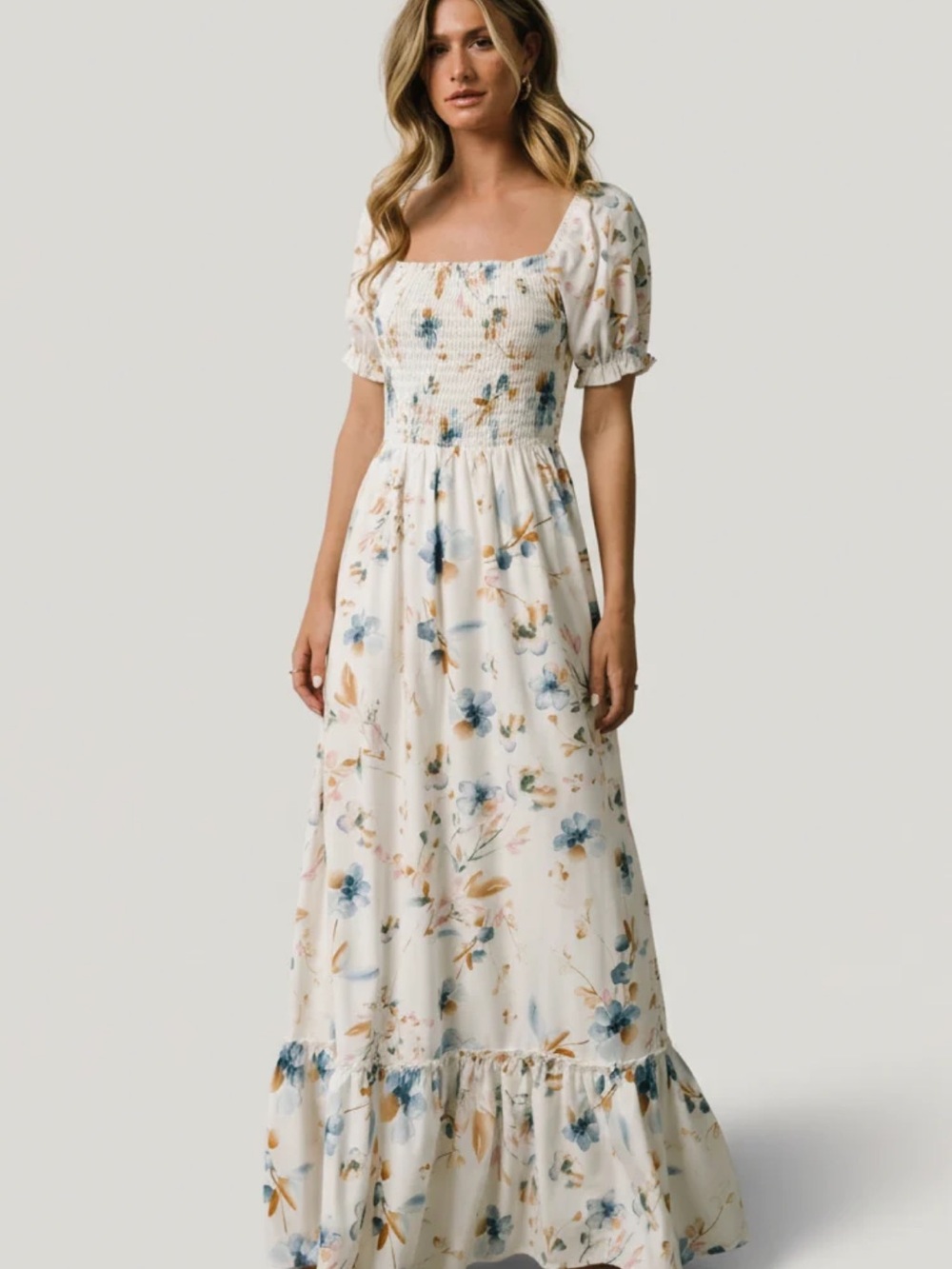 Baltic Born Cream Floral Smocked Maxi Dress with Blue & Tan Accents - Picture 1 of 1